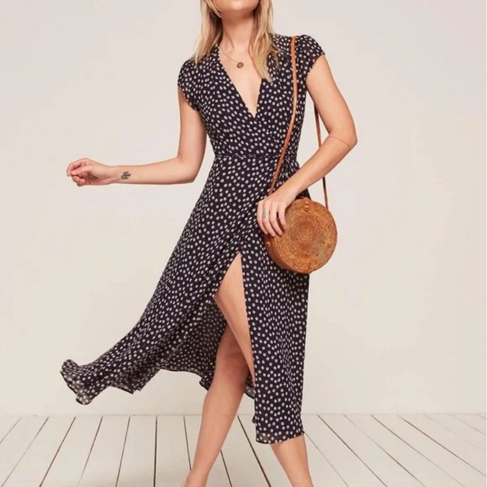 Reformation Carina Micro Black & White Floral Wrap Dress Size L